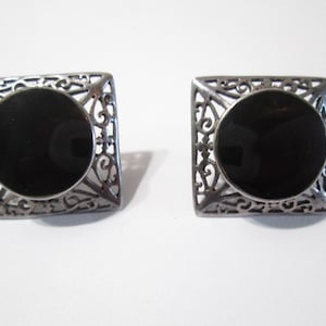Silver and Onyx Filigree Pierced Earrings Chunky Diamond Square Shape Vintage 1970&#39;s