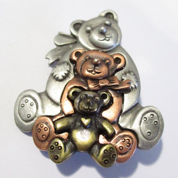 Mixed Metal Copper Pewter and Brass Teddy Bear Brooch Signed Razza