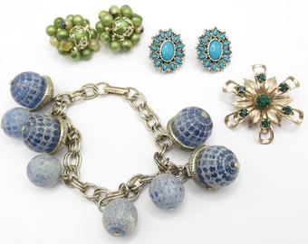 Lot of Blue Green Jewelry Bracelet Earrings Brooch Vintage All Good Wearable