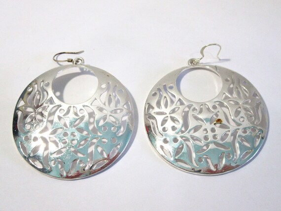 Large Silver Tone Round Open Work Disk Earrings P… - image 1