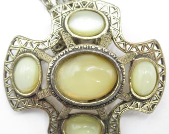 Maltese Cross Signed Miracle Vintage Irish Pin or Pendant Necklace Yellow Stones Moonglow