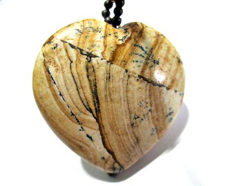 Gemstone Heart Beige Brown Marbled on Wood Chain Necklace Vintage