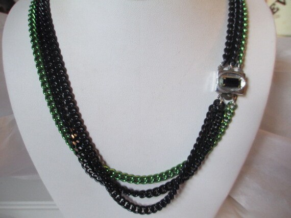 Necklace Black and Green Metal Long Triple Strand… - image 1