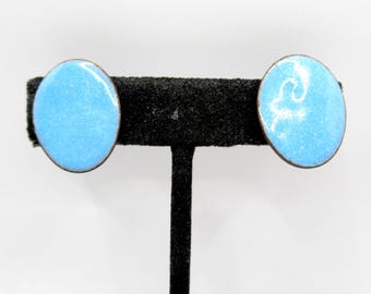 Blue Copper Enamel Screw Back Earrings Vintage MCM