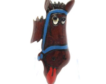 Carved Wood Horse Head Horsehead Brooch Pin Old Hand Painted Vintage Comical