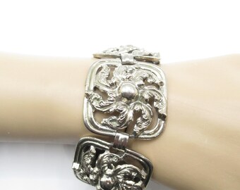 Wide Silver Tone Open Work Raised Design Vintage Bracelet