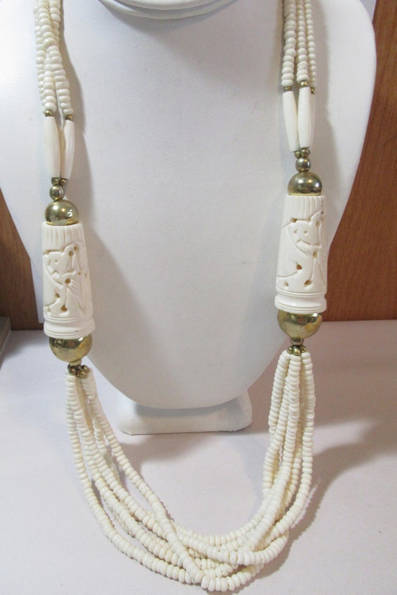 Multistrand Large Carved Ox Bone and Brass Necklace B… Gem