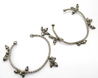 Silver Tone Thin Cuff Bracelet w Gypsy Bells India Pair Set of 2