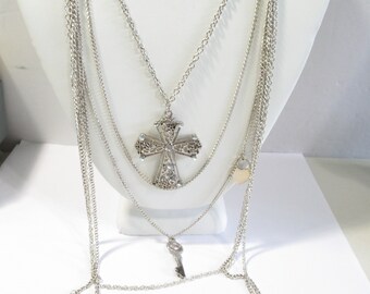 Long Multistrand Necklace w Cross Other Religious Cross Heart Key