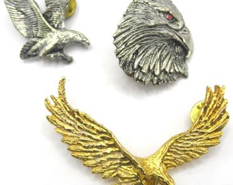 Lot of Three Bird Pins Eagle Silver Gold Tone Brass Patriotic Motorcycle Vintage