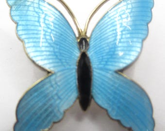 Blue Enamel Guilloche Butterfly Brooch Pin Vintage MCM