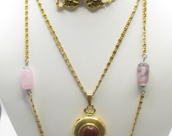 Goldette Necklace Signed w Locket Pendant Faux Gemstone Etched Paper Clip Chain