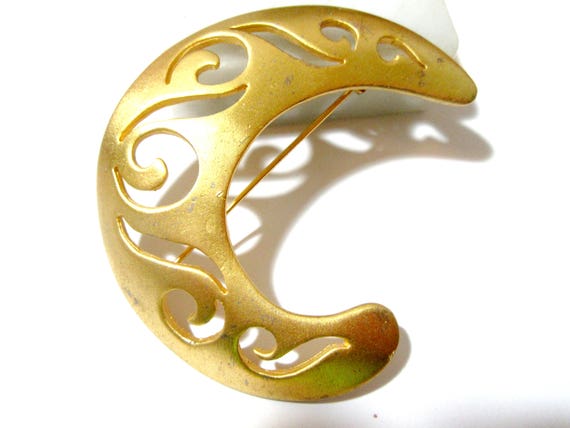 Signed Crescent Moon Carved Open Design Large Pin… - image 1