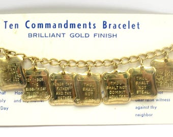 Ten Commandments Charm Bracelet NOS on Card Vintage Gold Tone  80s