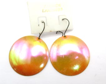 New on Card 70s Metal Orange w Rainbow Iridescent Pierced Earrings Vintage NOS