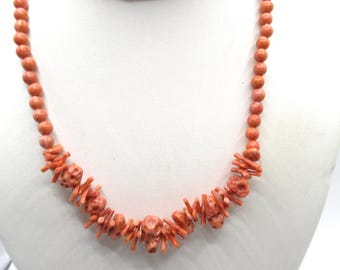 Faux Coral Spikey And Shapes Vintage Plastic Beaded Necklace Orange Salmon