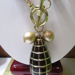 Vintage Runway Statement Brown Bead and Faux Pearl Beaded Necklace Toggle Clasp Tear Drop Pendant