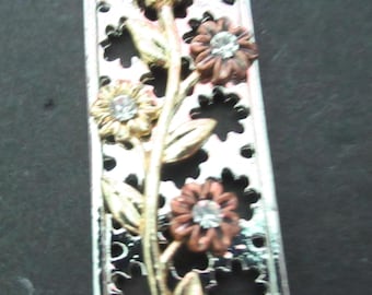 Small Pretty Rectangle Flower Pendant Mixed Metal Vintage
