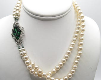 Emmons Signed Green Clasp Vintage Faux Pearl Double Strand Necklace