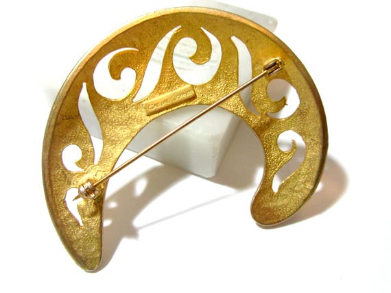 Signed Crescent Moon Carved Open Design Large Pin… - image 2