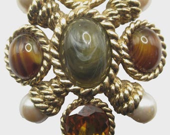 Ciner Designer Heraldic Style Brooch Pin Faux Pearl Orange Yellows