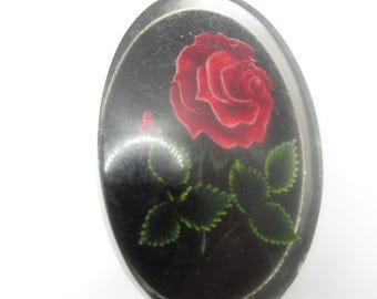 Black Flower Rose Embedded in Lucite Oval Brooch Pin Vintage MCM