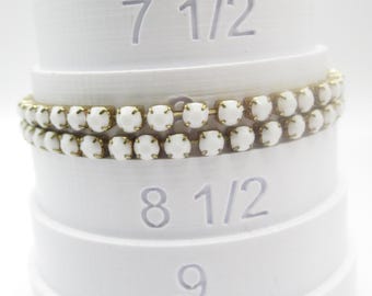 Pair of Stretch Bracelets Metal White Milk Glass Look Prong Set Vintage