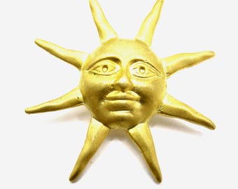 Sun Brooch Anthropomorphic Brooch Pin Brushed Gold Tone Vintage