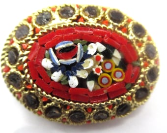 Micromosaic Micro Mosaic Glass Red Black Border Other Colors Flowers Vintage Brooch Pin