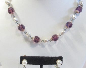 Pearl and Purple Glass Necklace and Matching Earrings Vintage Set