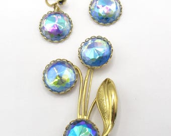 Set AB Blue Rhinestone Vintage Glass Brooch Flower Pin Matching Earrings