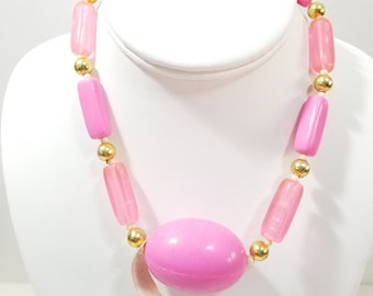 Plastic Vintage Necklace Beaded Big Focal Bead Center Hong Kong W Tag NOS Baby Light Pink