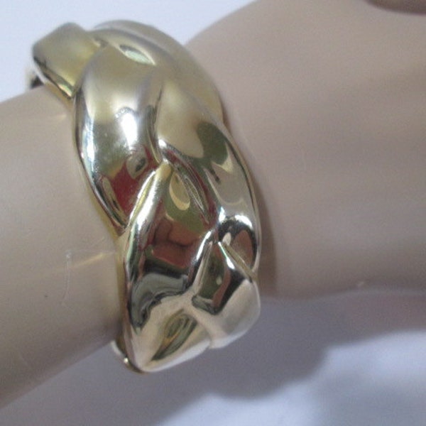 Wide Gold Tone Fashion 1980's Big Jewelry Clamper Bracelet Molded Metal Runway Statement Hinged