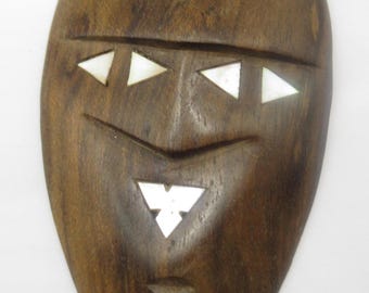 Wood and Mother of Pearl Shell Inlay Mask Pendant Vintage