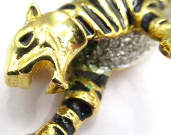 Signed Tiger Brooch Pin Figural w Rhinestones Bold Elegance VTG