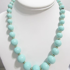 Light Blue Beaded Plastic Necklace Silver Disk Vintage