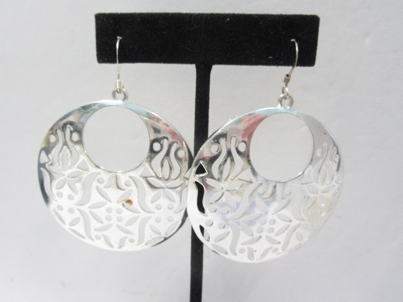 Large Silver Tone Round Open Work Disk Earrings P… - image 2