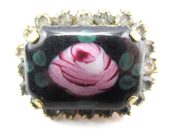 Tiny Black Porcelain Painted Cabbage Rose Rhinestone Brooch Pin Vintage