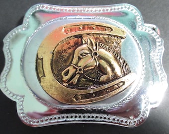 Horse Head and Good Luck Horseshoe Belt Buckle Silver Gold Tone