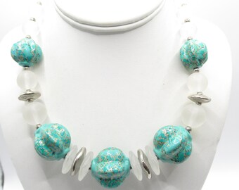 Lucite Resin Frosted and Blue Chunky Beaded Necklace Vintage