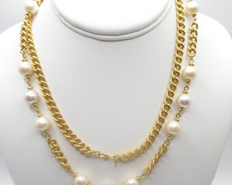 Monet Long Chain and Faux Pearl Pretty Necklace Vintage