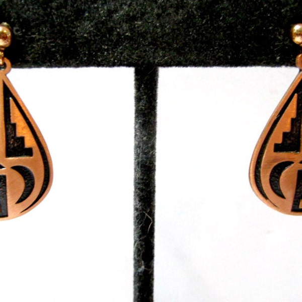 Vintage Copper Etched Dangle Pierced Earrings Signed WM Co MidCentury Stylish Tribal Gypsy Boho