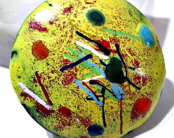 Artsy Colorful Yellow Splatter Abstract Copper Enamel Pin Bright Vintage 1970's Midcentury Brooch