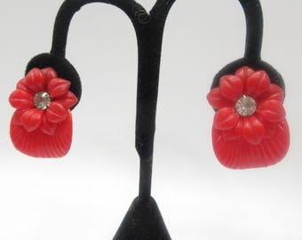 Red Celluloid Flower Earrings Ribbed Rhinestone Accent Clip-On Vintage