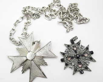Maltese Cross Lot Pendant Necklace Vintage Silver Tone Black Rhinestone