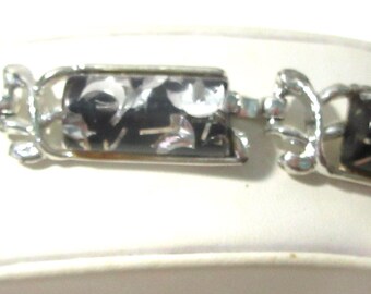 Black and Silver Vintage Confetti Lucite Bracelet Crescent Moons