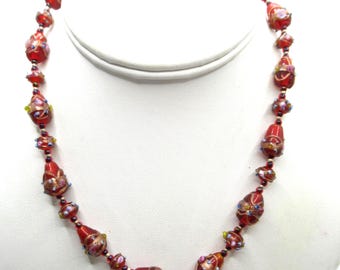 Necklace Red Bumpy Glass Handcrafted Beads Vintage Fancy