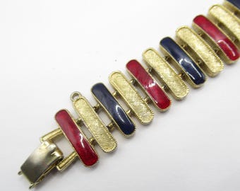 Enamel Blue Red Vintage Signed Bracelet Gold Tone