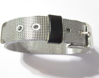 Mesh Bracelet with Belt Buckle Stylish Adjustable Vintage Bright Silver Tone