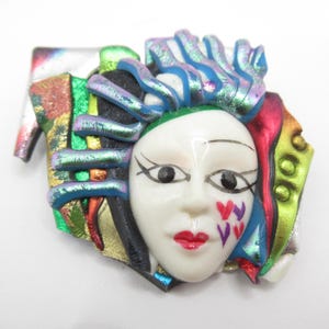 Vintage Clown Jester Handcrafted Mardi Gras Brooch Pin Face Colorful